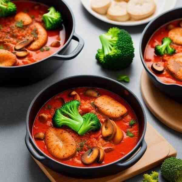 Рагу из красной рыбы с шампиньонами и брокколи